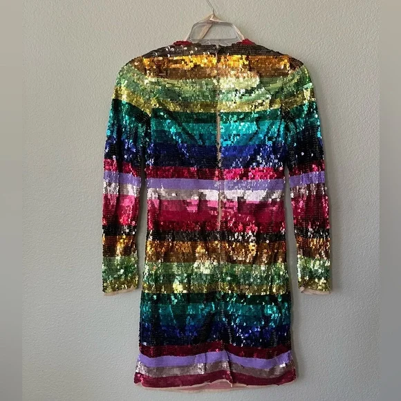 Mac Duggal 93724 Rainbow Sequin Multicolor Striped Long Sleeve Dress Size 2 NWT - Picture 3 of 16